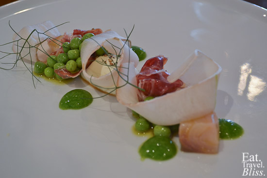 smoked kingfish ham - cabbage juices - paleta - peas and shoots