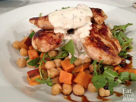 Moroccan chicken salad - with chickpeas, pistachio, sweet potato, snow peas, and minted yoghurt