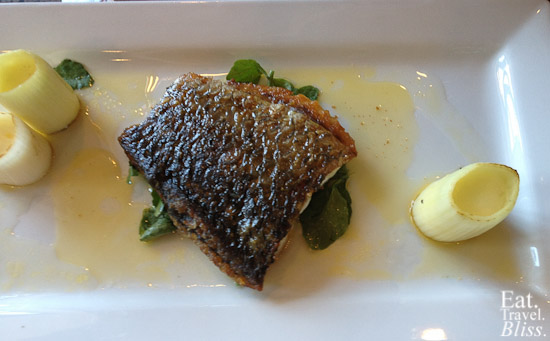 Poisson dur Jour: Barramundi with grilled leeks, potato espuma, lime beurre noisette
